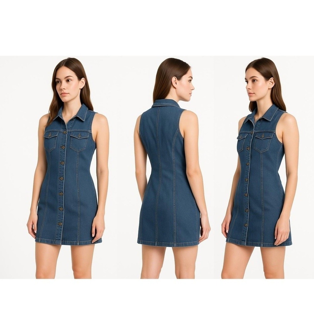 Tickets Clothing Dress Women's 5 6 Mini Denim Blue Sleeveless‎ Buttons Collared